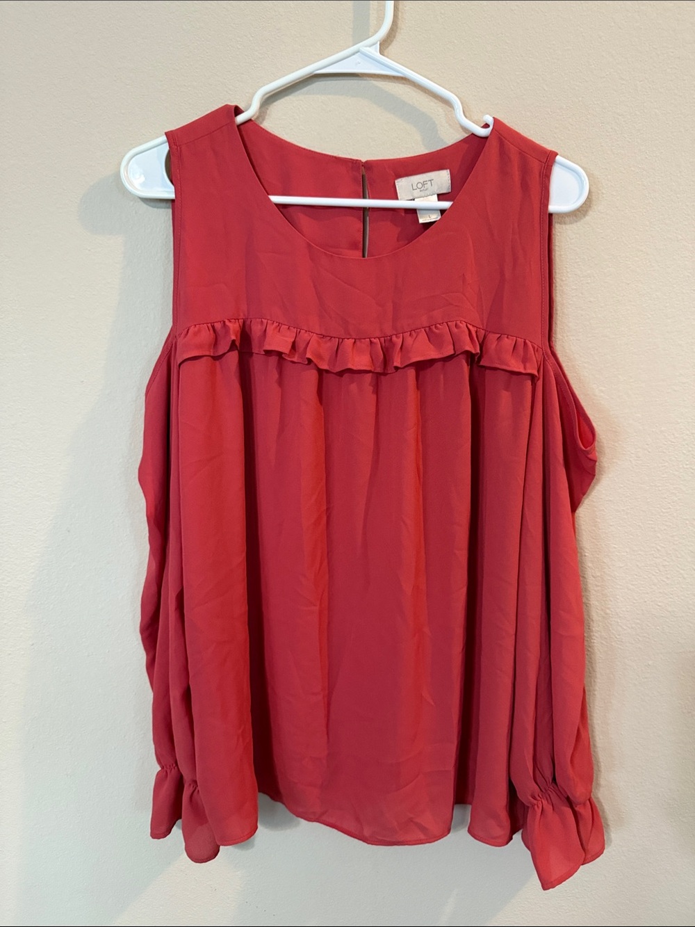 LOFT Coral-Red Sleeveless Ruffle Yoke Blouse